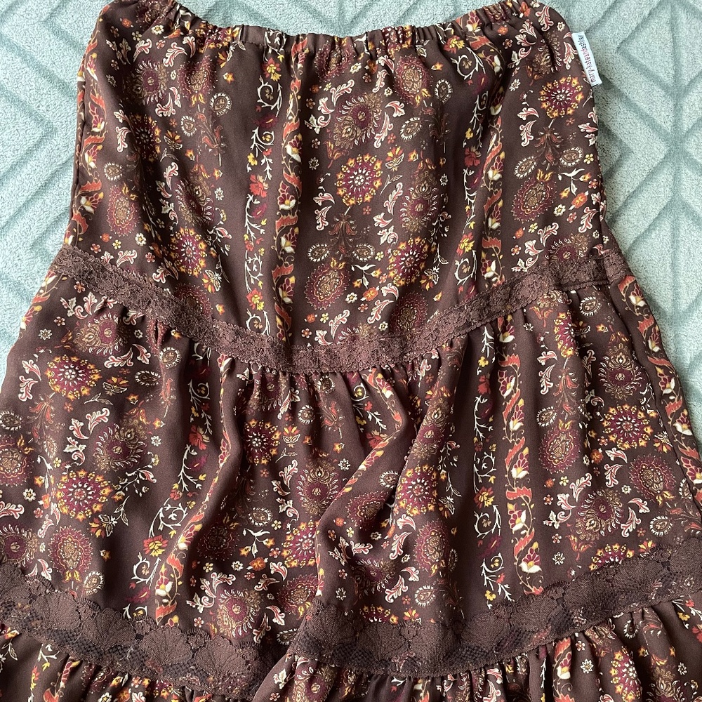 brown and floral patterned MaryKate and Ashley midi skirt